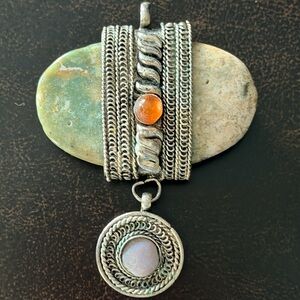 Vintage Green Moss Agate Pendant, Filigree Silver Band, Nature, Celtic, Irish